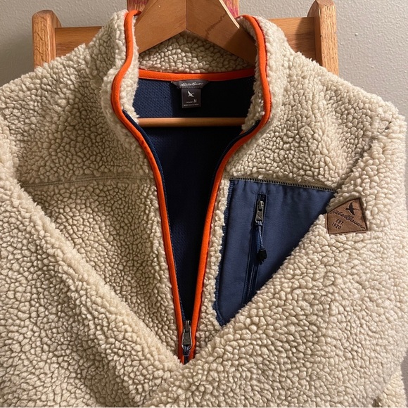 Eddie Bauer Rangefinder Sherpa Fleece Full Zip Up Coat Tan/ Navy size Medium - Picture 3 of 13